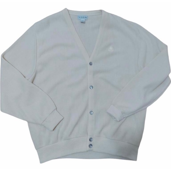 Vintage 90s IZOD Embroidered Crest V-Neck Cardigan Cream USA Acrylic Mens XL - Picture 1 of 7